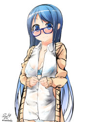 Rule 34 | 10s, 1girl, 2014, bad id, bad pixiv id, blue bra, blue eyes, blue hair, blue panties, blush, bow, bow bra, bra, breasts, cardigan, casual, collared shirt, covered navel, dated, dripping, embarrassed, glasses, kantai collection, long hair, looking at viewer, matching hair/eyes, nekobaka, no pants, panties, samidare (kancolle), see-through, shirt, simple background, sketch, small breasts, solo, standing, twitter username, unbuttoning, underwear, upper body, very long hair, wet, wet clothes, wet shirt, white background, white shirt