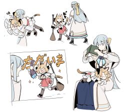 Rule 34 | &lt;|&gt; &lt;|&gt;, 2girls, animal ears, anisphia wynn palettia, black ribbon, blonde hair, blue bow, blue bowtie, blue hair, blue skirt, boned meat, book, boots, bow, bowtie, broom, brown footwear, calico, carrying, carrying over shoulder, carrying person, cat ears, cat girl, cat tail, closed mouth, coat, commentary request, euphyllia magenta, food, hair ribbon, highres, holding, holding book, holding broom, jacket, kemonomimi mode, lelioz, long hair, long sleeves, meat, medium hair, multiple girls, open mouth, pink skirt, purple eyes, ribbon, sitting, sitting on lap, sitting on person, size difference, skirt, sleeping, smile, sparkle, tail, tensei oujo to tensai reijou no mahou kakumei, translation request, white coat, white jacket, yellow ribbon