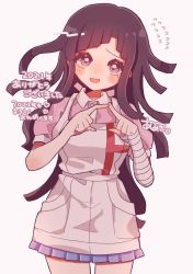Rule 34 | 1girl, ameko53133, apron, bandaged arm, bandages, blush, blush stickers, collared shirt, cowboy shot, danganronpa (series), danganronpa 2: goodbye despair, fingers together, flying sweatdrops, grey apron, grey background, hands up, highres, long hair, looking at viewer, mole, mole under eye, open mouth, pink eyes, pink shirt, pleated skirt, puffy short sleeves, puffy sleeves, shirt, short sleeves, simple background, skirt, solo, translation request, tsumiki mikan