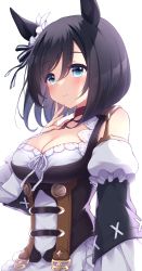 Rule 34 | 1girl, animal ears, bare shoulders, black hair, blue eyes, breasts, cleavage, closed mouth, detached sleeves, dress, ear ornament, eishin flash (umamusume), finger to own chin, frilled dress, frilled sleeves, frills, highres, horse ears, horse girl, long sleeves, looking at viewer, medium breasts, sanotsuki, short hair, simple background, solo, umamusume, white background
