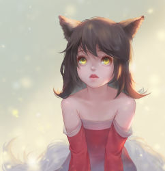 Rule 34 | 1girl, absurdres, aged down, ahri (league of legends), animal ears, arm support, bare shoulders, blurry, blurry background, brown hair, child, detached sleeves, eyelashes, flipped hair, fox ears, fox tail, highres, league of legends, light particles, lips, looking up, medium hair, nao (gatita), off shoulder, parted lips, solo, tail, upper body, yellow eyes