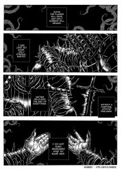 Rule 34 | armor, comic, dark souls (series), english text, from software, greyscale, highres, knight, knight of thorns kirk, monochrome, shinbross, spiked armor, sword, weapon