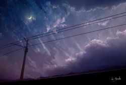 Rule 34 | aircraft, airplane, alu.m (alpcmas), cloud, cloudy sky, commentary, contrail, hill, moon, night, night sky, no humans, original, power lines, scenery, signature, sky, star (sky), utility pole