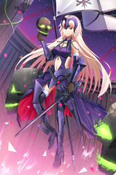 Rule 34 | 1girl, armor, armored boots, armored dress, banner, bare shoulders, black footwear, black gloves, black thighhighs, blonde hair, boots, breasts, chain, closed mouth, clothing cutout, commentary request, dress, elbow gloves, fate/grand order, fate (series), faulds, floating, full body, fur-trimmed gloves, fur-trimmed legwear, fur trim, gloves, glowing, glowing eyes, hand up, headpiece, high heel boots, high heels, highres, holding, holding skull, holding sword, holding weapon, jeanne d&#039;arc (fate), jeanne d&#039;arc alter (avenger) (fate), jeanne d&#039;arc alter (avenger) (third ascension) (fate), jeanne d&#039;arc alter (fate), ji dao ji, long hair, looking away, medium breasts, multicolored clothes, multicolored dress, navel, navel cutout, night, night sky, outdoors, pillar, purple dress, purple sky, red dress, skull, sky, smile, solo, star (sky), starry sky, sword, thighhighs, thorns, tsurime, vambraces, very long hair, weapon, wind, yellow eyes