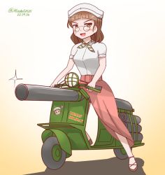 Rule 34 | 1girl, belt, blouse, brown hair, glasses, hat, high heels, kantai collection, mitchell (dynxcb25), motor vehicle, red skirt, roma (kancolle), scarf, scooter, shirt, short hair, skirt, striped clothes, striped scarf, torpedo, yellow background, yellow eyes