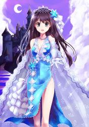 Rule 34 | 10s, 1girl, absurdres, aqua dress, bad id, bad pixiv id, bare shoulders, breasts, brown hair, castle, cleavage, crescent moon, dress, elbow gloves, gloves, green eyes, highres, idolmaster, idolmaster cinderella girls, jewelry, long hair, moon, necklace, necktie, paopao, shibuya rin, smile, solo, tiara