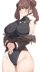 Rule 34 | 1girl, absurdres, band (skymole01), black leotard, black sweater, blush, breasts, brown eyes, brown hair, brown jacket, commentary request, double bun, ear piercing, hair bun, highres, idolmaster, idolmaster shiny colors, jacket, jewelry, large breasts, legs together, leotard, looking at viewer, necklace, own hands clasped, own hands together, parted lips, piercing, ribbed sweater, sidelocks, simple background, solo, sonoda chiyoko, standing, sweater, turtleneck, turtleneck sweater, white background
