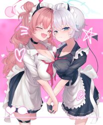Rule 34 | 2girls, :d, absurdres, alternate costume, apron, asymmetrical docking, black choker, black horns, black skirt, blue archive, blush, bow, bowtie, breast press, breasts, choker, cleavage, closed eyes, commentary request, demon horns, demon tail, double bun, enmaided, erika (blue archive), fake horns, fang, hair bun, hair ornament, halo, heads together, heart, highres, holding hands, horn hairband, horns, kirara (blue archive), large breasts, long hair, long sleeves, looking at viewer, loose bowtie, loose neck ribbon, maid, maid apron, maid day, maid headdress, medium breasts, multiple girls, open mouth, pink hair, pink halo, pleated skirt, school uniform, shirt, short hair, skin fang, skirt, smile, sweat, tail, uro yotada, white apron, white hair, white shirt