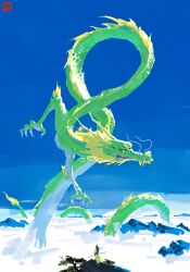 1boy blue_sky creature creature_focus dragon eastern_dragon highres holding holding_staff horizon looking_to_the_side mountain neo1900 original scenery sky solo staff tree