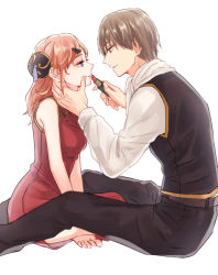 Rule 34 | 1boy, 1girl, alternate hair length, alternate hairstyle, bad id, bad pixiv id, belt, between legs, black pants, blue eyes, brown belt, brown hair, china dress, chinese clothes, cosmetics, dress, eye contact, from side, gintama, hand between legs, holding, holding lipstick tube, kagura (gintama), lipstick tube, long hair, long sleeves, looking at another, okita sougo, open mouth, orange hair, pants, red dress, red eyes, lipstick tube, shirt, short dress, short hair, simple background, sitting, sleeveless, sleeveless dress, szzz k, white background, white shirt
