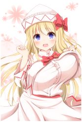 Rule 34 | 1girl, alternate breast size, bad id, bad pixiv id, blonde hair, blue eyes, blush, bow, breasts, fairy wings, floral background, hair bow, hat, highres, huge breasts, lily white, long hair, looking at viewer, open mouth, red bow, shiro oolong-cha, shirt, simple background, skirt, solo, symbol-shaped pupils, touhou, very long hair, white shirt, white skirt, wide sleeves, wings