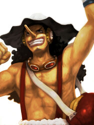 Rule 34 | 1boy, black eyes, black hair, clenched hand, curly hair, earmuffs, facial hair, goatee, goggles, goggles around neck, hat, highres, long hair, long nose, male focus, meta gun, one piece, overalls, simple background, smile, solo, teeth, usopp, v-shaped eyebrows, white background, white hat
