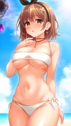 Rule 34 | 1girl, arm behind back, atelier (series), atelier ryza, atelier ryza 2, beach, bikini, black hairband, blue sky, blush, bow hairband, braid, breasts, brown eyes, brown hair, drop earrings, earrings, hairband, highres, hypnosis, irori (irorixc), jewelry, key, key necklace, large breasts, looking at viewer, mind control, navel, necklace, ocean, open mouth, outdoors, reisalin stout, short hair, single earring, sky, solo, star (symbol), star earrings, strapless, strapless bikini, swimsuit, white bikini