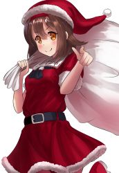 Rule 34 | 10s, 1girl, alternate costume, ao iro, belt, breasts, brown hair, commentary request, hair between eyes, hair flaps, hat, highres, kantai collection, looking at viewer, medium breasts, miniskirt, orange eyes, pointing, pointing at viewer, pom pom (clothes), santa costume, santa hat, shiratsuyu (kancolle), short sleeves, simple background, skirt, skirt set, smile, solo, standing, standing on one leg, upper body, white background
