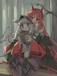 Rule 34 | 2girls, absurdres, animal ear fluff, animal ears, arknights, black pantyhose, blush, book, braid, closed mouth, collared shirt, couple, fox ears, fox girl, frostleaf (arknights), grey hair, highres, holding, holding book, hug, hug from behind, long hair, long sleeves, multiple girls, nail polish, pantyhose, parted lips, reading, red eyes, red hair, red nails, shirt, sidelocks, togekk0, vigna (arknights), white shirt, yuri