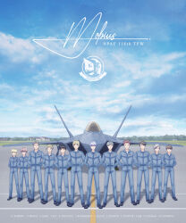 1girl 6+boys a-chako ace_combat ace_combat_04 aircraft airfield airplane black_footwear blue_sky character_name cloud cloudy_sky english_text f-22_raptor fighter_jet forest highres jet military_vehicle mobius_1 multiple_boys nature pilot_suit sky standing_at_attention