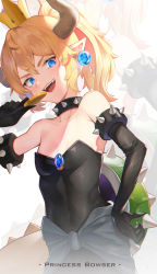 Rule 34 | 1girl, :d, absurdres, alternate breast size, armlet, bare shoulders, blonde hair, blue eyes, bowsette, breasts, character name, coin, collar, collarbone, covered navel, crown, detached sleeves, earrings, fangs, highres, horns, jewelry, looking at viewer, mario (series), new super mario bros. u deluxe, nintendo, open mouth, pointy ears, ponytail, sharp teeth, showgirl skirt, sleeveless, small breasts, smile, solo, spiked armlet, spiked collar, spikes, strapless, super crown, teeth, yukiyama momo