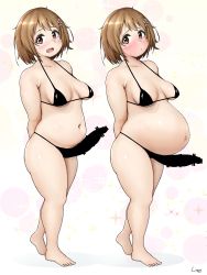 Rule 34 | 1girl, arms behind back, bar censor, belly, big belly, bikini, black bikini, blush, breasts, breasts apart, brown eyes, brown hair, censored, collarbone, commentary request, dot nose, erection, flower, full body, furrowed brow, futanari, hair flower, hair ornament, highres, idolmaster, idolmaster cinderella girls, looking at viewer, looking to the side, medium breasts, medium hair, mimura kanako, multiple views, navel, open mouth, penis, plump, shadow, shigekikkusu, short hair, signature, silhouette, smile, standing, string bikini, swimsuit, tareme, thick arms, thick thighs, thighs