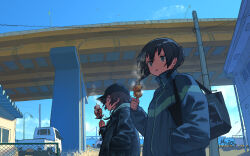 2girls bag baseball_cap black_hair black_hat black_jacket blue_eyes blue_sky brown_hair building closed_mouth commentary day eating food grey_jacket hand_in_pocket hand_up hat highres holding holding_food jacket long_hair long_sleeves medium_hair motor_vehicle multiple_girls natsuno_kanasemi original outdoors overpass scenery shoulder_bag sky standing steam truck twintails upper_body