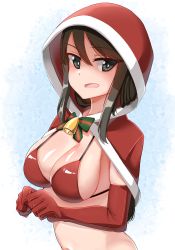 Rule 34 | 0:00, 1girl, alternate costume, bell, bikini, bow, bowtie, breasts, brown eyes, brown hair, capelet, christmas, cleavage, commentary, elbow gloves, fur-trimmed capelet, fur trim, girls und panzer, gloves, green bow, green bowtie, halterneck, highres, hood, hood up, hooded capelet, long hair, looking at viewer, medium breasts, mika (girls und panzer), navel, neck bell, open mouth, red bikini, red bow, red bowtie, red capelet, red gloves, santa costume, smile, solo, swimsuit, textless version, upper body