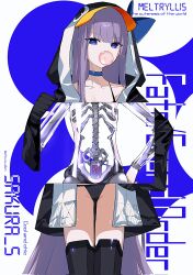 1girl abstract_background animal_hood artist_name bikini black_bikini black_coat blue_background blue_bow blue_choker blue_eyes bow bright_pupils character_name cherry_blossom_print chewing_gum choker coat collarbone commentary copyright_name cowboy_shot english_text exposed_bone expressionless fate/grand_order fate_(series) flat_chest floral_print hand_on_own_hip hand_up highleg highleg_bikini highres holding hood long_hair long_sleeves looking_at_viewer meltryllis meltryllis_(fate) meltryllis_(swimsuit_lancer)_(fate) meltryllis_(swimsuit_lancer)_(first_ascension)_(fate) multicolored_coat open_clothes open_coat pelvis penguin_hood prosthesis prosthetic_leg purple_hair ribs siho_is_alien sleeves_past_fingers sleeves_past_wrists solo spine straight_hair swimsuit thigh_gap thighs twitter_username two-tone_background two-tone_coat v-shaped_eyebrows very_long_hair visor_cap white_background white_coat white_pupils x-ray_film