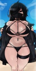 Rule 34 | 1girl, ahoge, ana (zana), beach, bikini, black bikini, black hair, black nails, breasts, choker, cleavage, coat, collarbone, commentary, covered mouth, english commentary, exhibitionism, fingernails, flashing, hair over one eye, highres, huge breasts, long hair, looking at viewer, mask, mole, mole on breast, mole on neck, mole on shoulder, mole on stomach, mole on thigh, mouth mask, multi-strapped bikini, multiple moles, nail polish, naughty face, navel, navel piercing, o-ring, o-ring top, ocean, open clothes, open coat, opened by self, original, piercing, public indecency, red eyes, skindentation, solo, spaghetti strap, string bikini, sweat, swimsuit, symbol-only commentary, thick thighs, thigh strap, thighs, underboob, zanamaoria