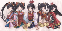 Rule 34 | 5girls, alternate costume, alternate hairstyle, black hair, blunt bangs, braid, chain, chinese clothes, circlet, clone, da qiao, hair ornament, highres, holding hands, jewelry, long hair, metalinu, multiple girls, necklace, purple eyes, sangoku musou 1, shin sangoku musou, shin sangoku musou multi raid 2, short hair, sidelocks, smile, twin braids, twintails, upper body