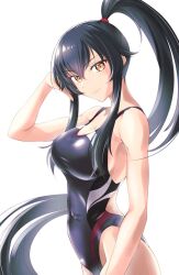 Rule 34 | 1girl, black hair, black one-piece swimsuit, breasts, brown eyes, commentary request, competition swimsuit, hair flaps, highleg, highleg swimsuit, highres, kantai collection, large breasts, one-piece swimsuit, ponytail, simple background, solo, swimsuit, tsukasa (tukasa br), two-tone swimsuit, white background, yahagi (kancolle)