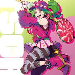 1girl bare_shoulders candy earrings food fortnite green_eyes green_hair hat highres holding holding_candy holding_food holding_lollipop jewelry lollipop open_mouth puppeteer7777 shirt shoes short_hair skirt smile solo star_(symbol) star_earrings twintails weapon yellow_eyes zoey_(fortnite)