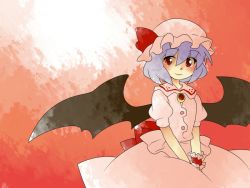 Rule 34 | 1girl, bad id, bad pixiv id, brooch, comic, dress, female focus, gradient background, hammer (sunset beach), hat, jewelry, light purple hair, red eyes, remilia scarlet, short hair, silent comic, sitting, smile, solo, touhou, wings, wrist cuffs