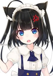 Rule 34 | 1girl, anger vein, angry, animal ears, annoyed, apron, arm at side, ascot, black ascot, black dress, black hair, blouse, blue dress, blue eyes, blush, breasts, buttons, cat ears, cat girl, commentary request, dress, frilled shirt collar, frilled skirt, frills, fushimi sameta, hand up, highres, holding, holding plate, long hair, looking at viewer, maid, maid headdress, one eye closed, open mouth, original, pinafore dress, plate, puffy short sleeves, puffy sleeves, shirt, short sleeves, simple background, skirt, sleeveless dress, small breasts, solo, standing, twintails, upper body, white background, white shirt