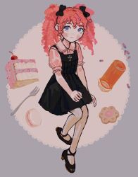 Rule 34 | 1girl, black dress, blank eyes, blush, cake, cookie, copyright request, cross, curly hair, dress, dress shirt, floating, food, fork, grey eyes, highres, io (onisarashi), jirai kei, looking at viewer, macaron, mary janes, pantyhose, pill, pink hair, shirt, shoes, smile, solo, twintails