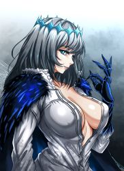 Rule 34 | 1girl, blue eyes, breasts, cloak, collarbone, collared shirt, crown, fate/grand order, fate (series), from side, gauntlets, genderswap, genderswap (mtf), grey hair, highres, insect wings, large breasts, looking at viewer, medium hair, oberon (fate), oberon (third ascension) (fate), parted lips, plunging neckline, shirt, solo, spoilers, unbuttoned, unbuttoned shirt, wings, zantyarz