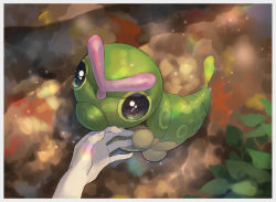 Rule 34 | 1other, black eyes, blurry, border, caterpie, caterpillar, commentary request, creatures (company), day, game freak, gen 1 pokemon, kikuyoshi (tracco), leaf, nintendo, one-hour drawing challenge, outdoors, pokemon, pokemon (creature), sparkle, white border