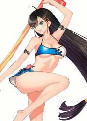 Rule 34 | 1girl, :d, ass, bikini, black hair, blade arcus from shining, blue eyes, breasts, cleavage, female focus, hair ornament, hairclip, highres, large breasts, long hair, open mouth, pairon, shining (series), simple background, smile, solo, swimsuit, teeth, third-party edit, tony taka, underboob, very long hair, white background