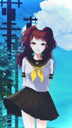 Rule 34 | 04hss hsss11, 1girl, arms behind back, black sailor collar, black skirt, blue sky, breasts, brown eyes, cloud, commentary request, grin, highres, kujikawa rise, large breasts, long hair, looking at viewer, neckerchief, outdoors, persona, persona 4, pleated skirt, sailor collar, school uniform, serafuku, shirt, short sleeves, skirt, sky, smile, solo, swept bangs, twintails, uniform, white shirt, yasogami school uniform, yellow neckerchief
