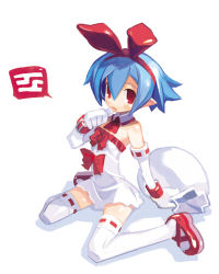 Rule 34 | 1girl, :p, arched back, bag, bare shoulders, blue hair, detached collar, disgaea, dress, elbow gloves, full body, gloves, hair ribbon, harada takehito, looking at viewer, lowres, original, pleinair, pointy ears, red eyes, red footwear, ribbon, ribbon-trimmed legwear, ribbon trim, shoes, short dress, short hair, simple background, sitting, solo, strapless, strapless dress, thighhighs, tongue, tongue out, wariza, white background, white gloves, white thighhighs, zettai ryouiki