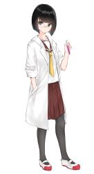 Rule 34 | 1girl, black hair, black pantyhose, blush, brown sailor collar, brown skirt, commentary request, glasses, grey eyes, hand in pocket, highres, holding, lab coat, looking at viewer, neckerchief, original, pantyhose, pleated skirt, sailor collar, school uniform, serafuku, shirt, shoes, short hair, simple background, skirt, solo, uwabaki, vial, white background, white footwear, white shirt, yellow neckerchief, yuki arare
