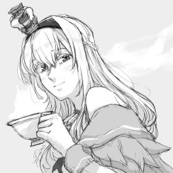Rule 34 | 1girl, blush, braid, closed mouth, crown, cup, dated, dress, french braid, hair between eyes, hairband, holding, holding cup, kantai collection, long hair, long sleeves, mini crown, off-shoulder dress, off shoulder, signature, sketch, solo, upper body, warspite (kancolle), yamada rei (rou)