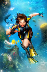 Rule 34 | 1girl, andy park, bodysuit, breasts, brown eyes, brown hair, bubble, diving suit, fingerless gloves, fish, flippers, freediving, gloves, highres, holster, knife, lara croft, large breasts, mystic-oracle, non-web source, ocean, official alternate costume, ponytail, realistic, shark, swimming, swimsuit, tomb raider, underwater, wetsuit