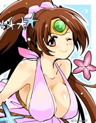 Rule 34 | 1girl, bare shoulders, breasts, brown eyes, brown hair, circlet, cleavage, collarbone, fire emblem, fire emblem: mystery of the emblem, fire emblem: new mystery of the emblem, fire emblem: shadow dragon, fire emblem heroes, large breasts, linde (fire emblem), looking at viewer, nintendo, one eye closed, pink one-piece swimsuit, ponytail, scrunchie, smile, solo, starfish, starfish hair ornament, swimsuit, twitter username, wink, yukia (firstaid0)