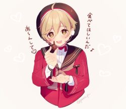 Rule 34 | 1boy, blush, brown eyes, ensemble stars!, hat, jacket, light brown hair, long sleeves, looking at viewer, male focus, mashiro tomoya, open mouth, red jacket, rinndouk, short hair, smile, solo, sweater, translation request, white sweater