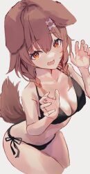 Rule 34 | 1girl, animal ears, bikini, black bikini, bone hair ornament, braid, breasts, brown eyes, brown hair, cartoon bone, cleavage, commentary request, cropped legs, dog ears, dog girl, dog tail, fang, hair between eyes, hair ornament, halterneck, highres, hololive, inugami korone, kote11272424, large breasts, long hair, looking at viewer, low twin braids, navel, open mouth, side-tie bikini bottom, simple background, skin fang, solo, swimsuit, tail, twin braids, virtual youtuber, white background