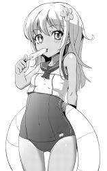 Rule 34 | 1girl, blush, breasts, commentary request, cowboy shot, crop top, flower, food, greyscale, hair flower, hair ornament, kantai collection, licking, lifebuoy, long hair, looking at viewer, monochrome, nontraditional school swimsuit, one-piece swimsuit, one-piece tan, popsicle, ro-500 (kancolle), sailor collar, school swimsuit, school uniform, serafuku, shinovi, simple background, smile, solo, standing, swim ring, swimsuit, swimsuit under clothes, tan, tanline, tongue, tongue out