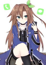 Rule 34 | 1girl, bad id, bad pixiv id, blush, bow, brown hair, cellphone, choker, green eyes, hair bow, hair ornament, highres, holding, holding phone, if (neptunia), jacket, long hair, looking at phone, neptune (series), phone, ribbon, sitting, solo, yasei