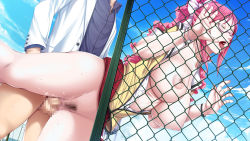 Rule 34 | 1girl, breasts, breasts out, censored, clothes lift, cloud, closed eyes, fence, game cg, glasses, hair ribbon, highres, kusukawa suzune, large breasts, legs, long hair, nipples, no bra, no panties, open clothes, open mouth, open shirt, p/a: potential ability, penis, pink hair, pubic hair, pussy, ribbon, school uniform, sei shoujo, sex, shirt, skirt, skirt lift, sky, sweat, thighs, tongue, tongue out, vaginal, wet
