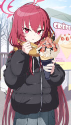 Rule 34 | 1girl, absurdres, black jacket, blue archive, blush, crepe, day, food, grey skirt, halo, highres, holding, holding food, holding spoon, jacket, kokolokokomika, long hair, long sleeves, looking at viewer, open mouth, outdoors, pleated skirt, rabu (blue archive), red eyes, red hair, red halo, scarf, skirt, solo, spoon, yellow scarf