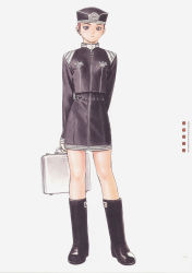 Rule 34 | 1girl, androgynous, ao no roku-gou, arms behind back, art deco, black footwear, black jacket, black skirt, boots, briefcase, brown eyes, eyebrows, full body, hat, jacket, kino mayumi, knee boots, light frown, long sleeves, looking at viewer, military, military uniform, murata range, red hair, short hair, simple background, skirt, solo, standing, suitcase, uniform, very short hair, white background, zipper
