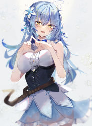 Rule 34 | 1girl, ahoge, bare shoulders, belt, blue bow, blue bowtie, blue hair, blue skirt, blurry, blurry background, blush, bow, bowtie, braid, breasts, brown belt, commentary, cowboy shot, dot nose, earrings, effects pedal, elf, flower, hair between eyes, hair flower, hair ornament, hands up, heart, heart ahoge, highres, hololive, jewelry, large breasts, long hair, looking at viewer, midorikawa (tawf5452), multicolored hair, open mouth, pointy ears, shirt, simple background, skirt, sleeveless, sleeveless shirt, smile, solo, streaked hair, tongue, virtual youtuber, white background, white shirt, yellow eyes, yukihana lamy