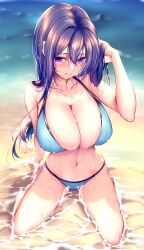 Rule 34 | 1girl, absurdres, arm support, bare arms, bare legs, barefoot, beach, bikini, blue bikini, breasts, cleavage, collarbone, commentary request, grin, hair between eyes, hand in own hair, highres, huge breasts, kaede acer, long hair, looking at viewer, navel, ocean, original, outdoors, purple eyes, purple hair, seductive smile, sidelocks, signature, sitting, smile, solo, stomach, swimsuit, wariza, wet
